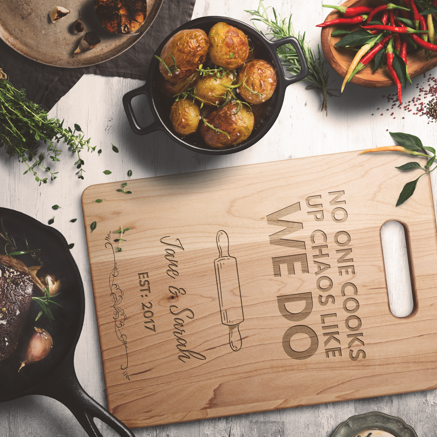 Personalized No One Cooks Up Chaos Cutting Board