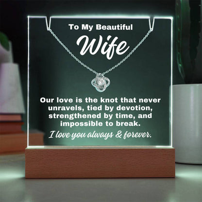 To My Wife "Tied By Devotion.." Acrylic Plaque With Base Light & Necklace