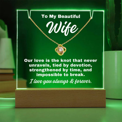To My Wife "Tied By Devotion.." Acrylic Plaque With Base Light & Necklace
