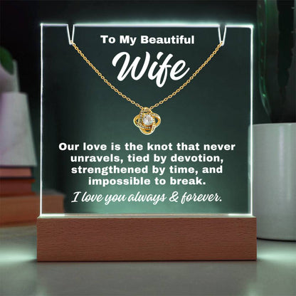 To My Wife "Tied By Devotion.." Acrylic Plaque With Base Light & Necklace